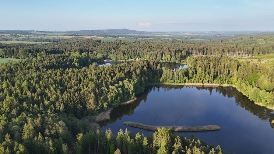 Letecký pohled na rybník obklopený lesy